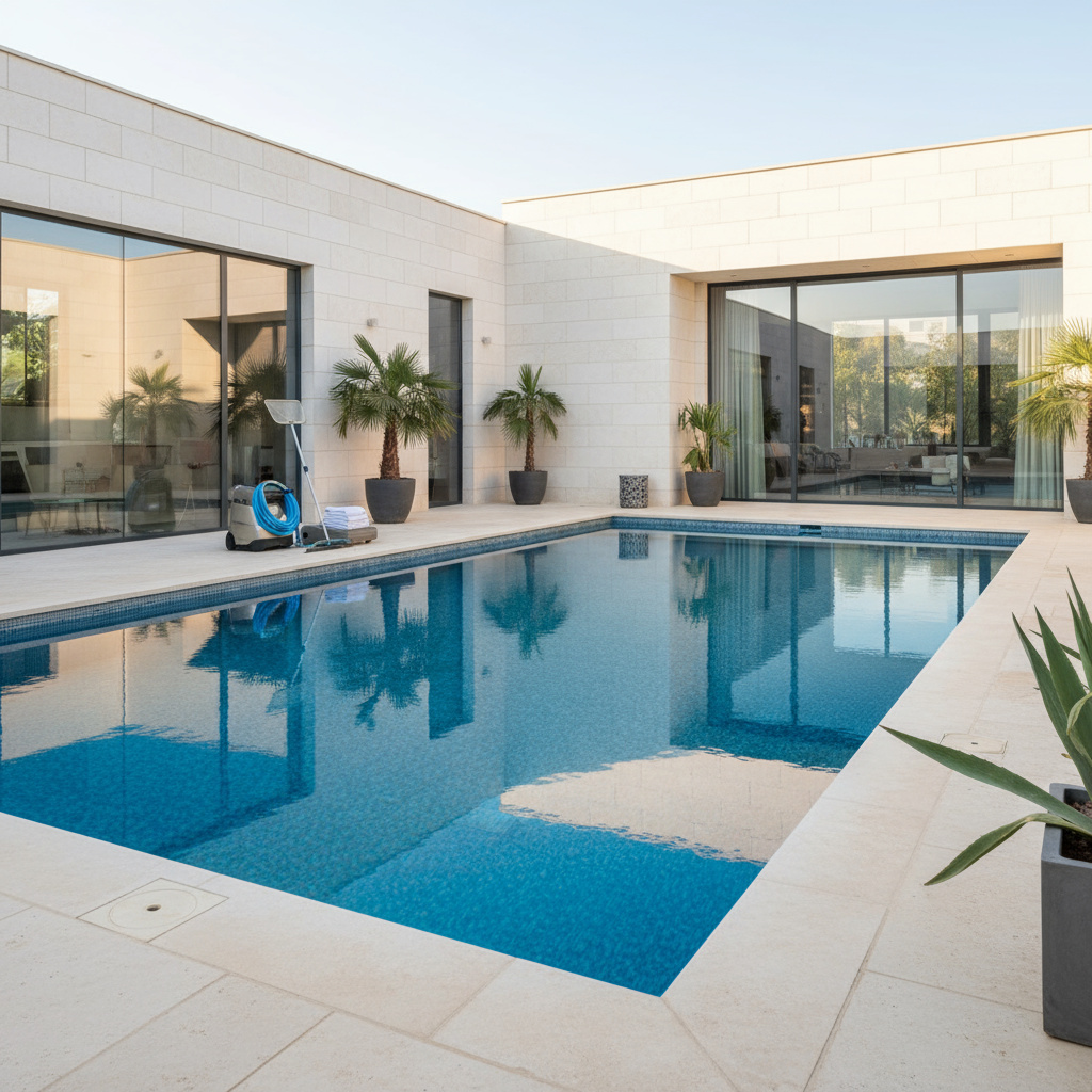 Bright, clean residential swimming pool with clear blue water