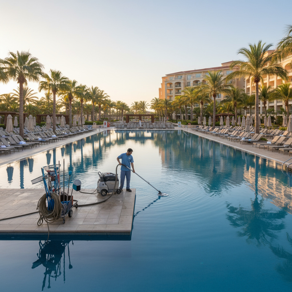 Hotel pool deck being serviced with professional equipment