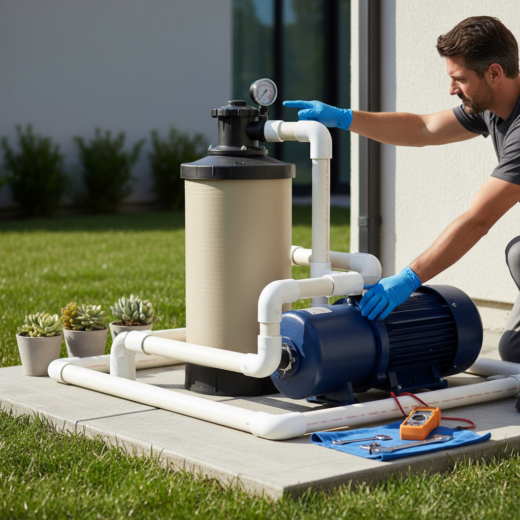 Technician inspecting a pump and filter system